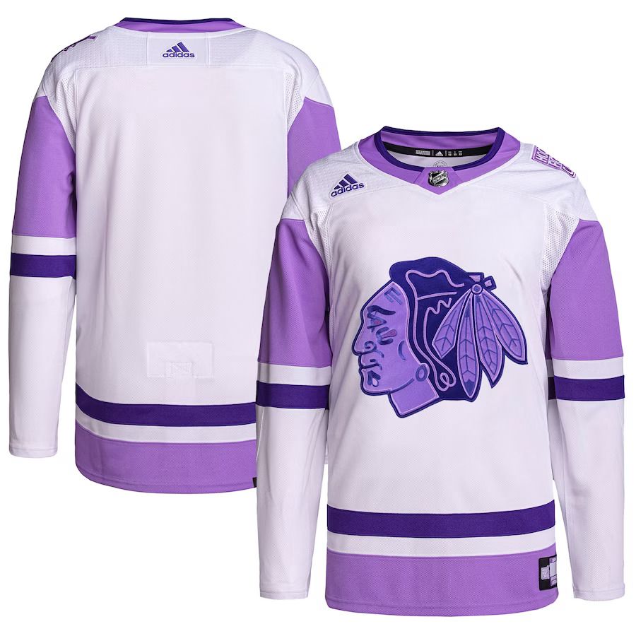 Men Chicago Blackhawks adidas White Purple Hockey Fights Cancer Primegreen Authentic Blank Practice NHL Jersey